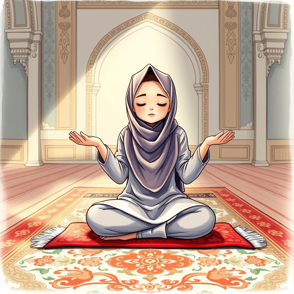 A beautifully detailed drawing of a girl wearing a hijab, gracefully seated on an ornate prayer rug