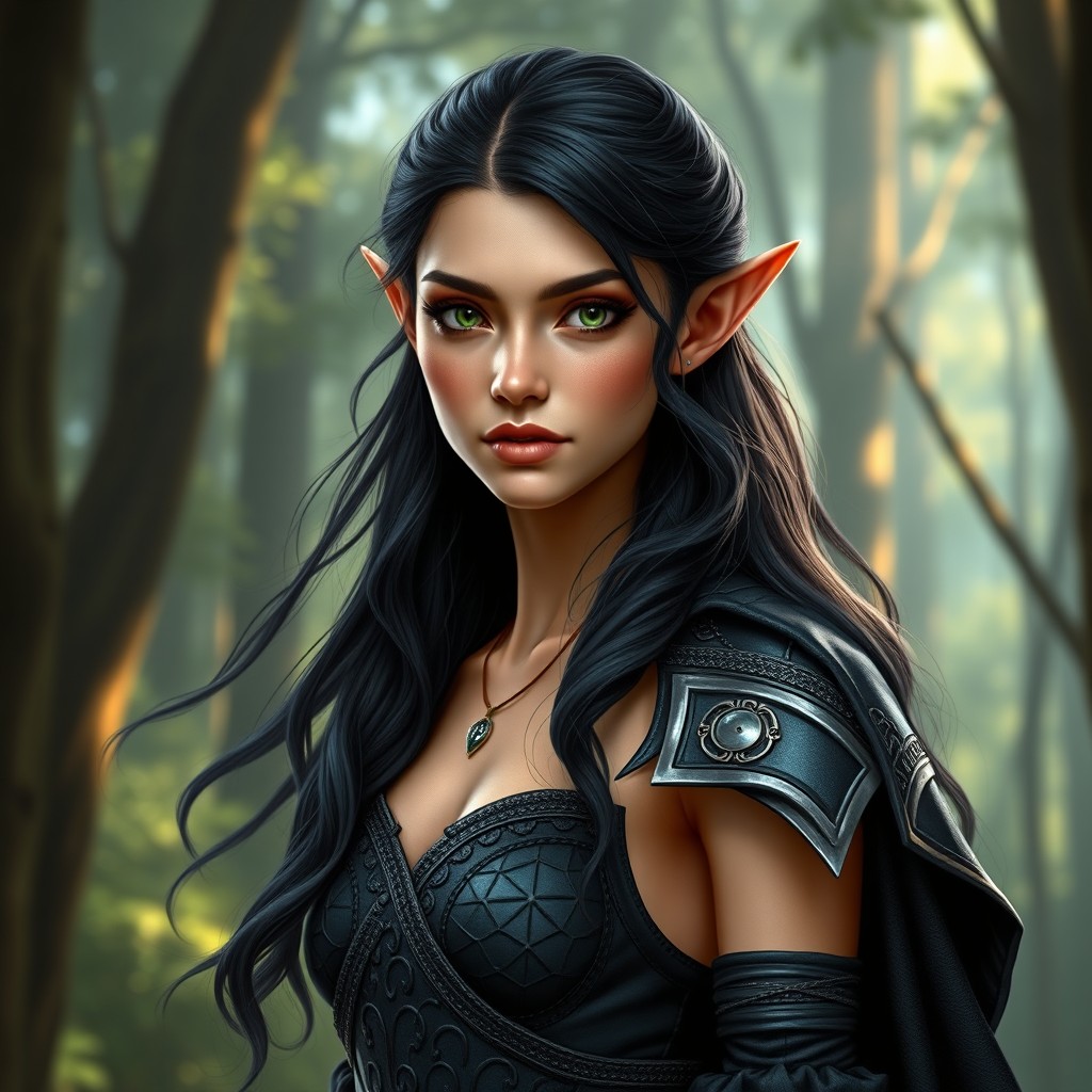 A super realistic female elf with a medium golden tan and a lean body, depicted as a tall mage