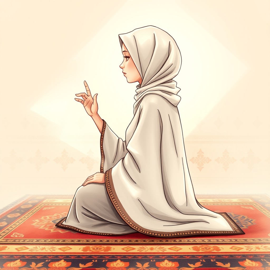 A captivating side view drawing of a girl wearing a hijab, elegantly sitting on a beautifully designed prayer rug