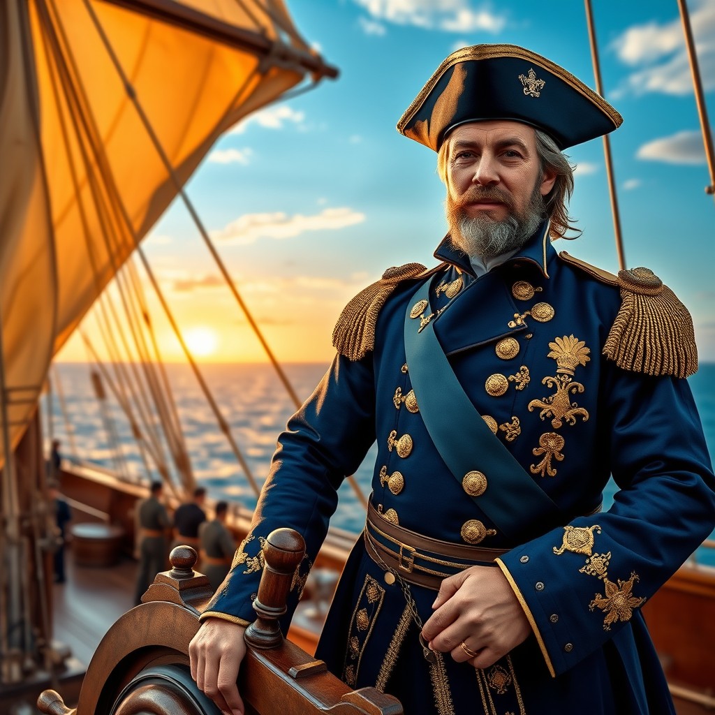 A majestic 18th century French ship captain standing proudly at the helm of a grand sailing ship