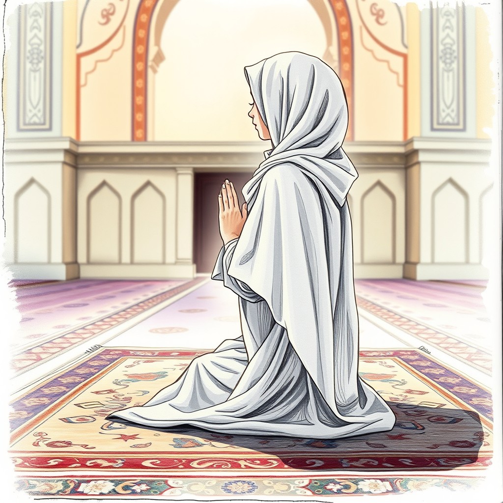 A detailed side view drawing of a girl wearing a hijab, gracefully positioned on an intricately designed prayer rug