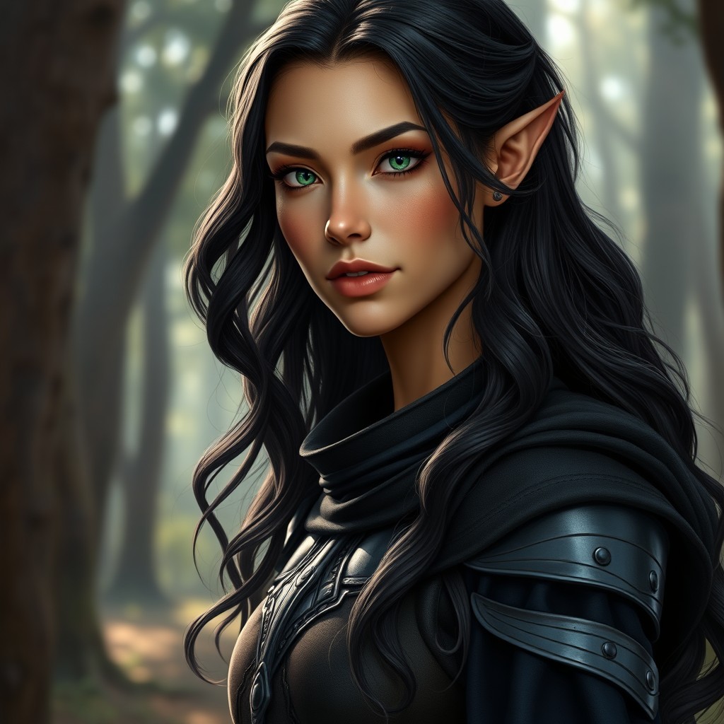 A super realistic female elf, featuring a medium golden tan skin tone and a non-petite, lean body