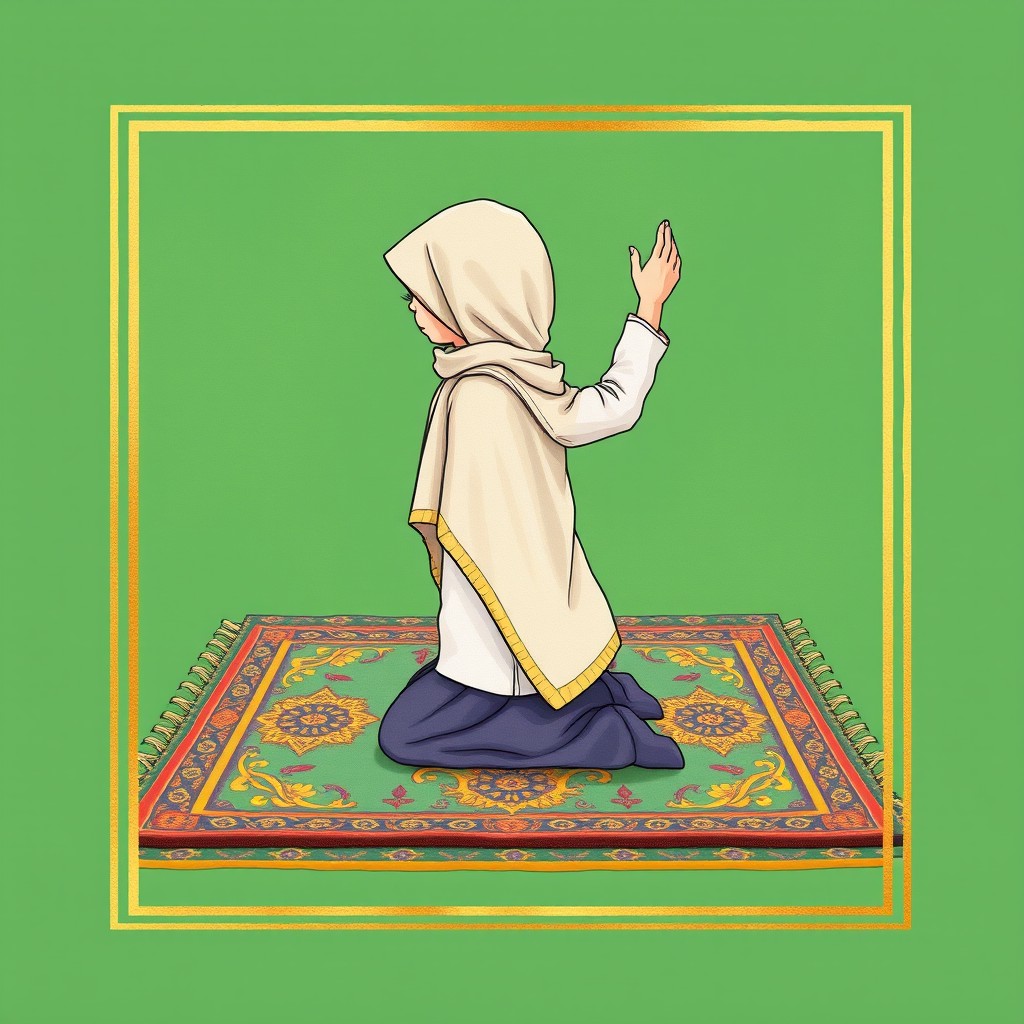 A side view drawing of a girl wearing a hijab, kneeling on a beautifully patterned prayer rug with both hands raised in prayer