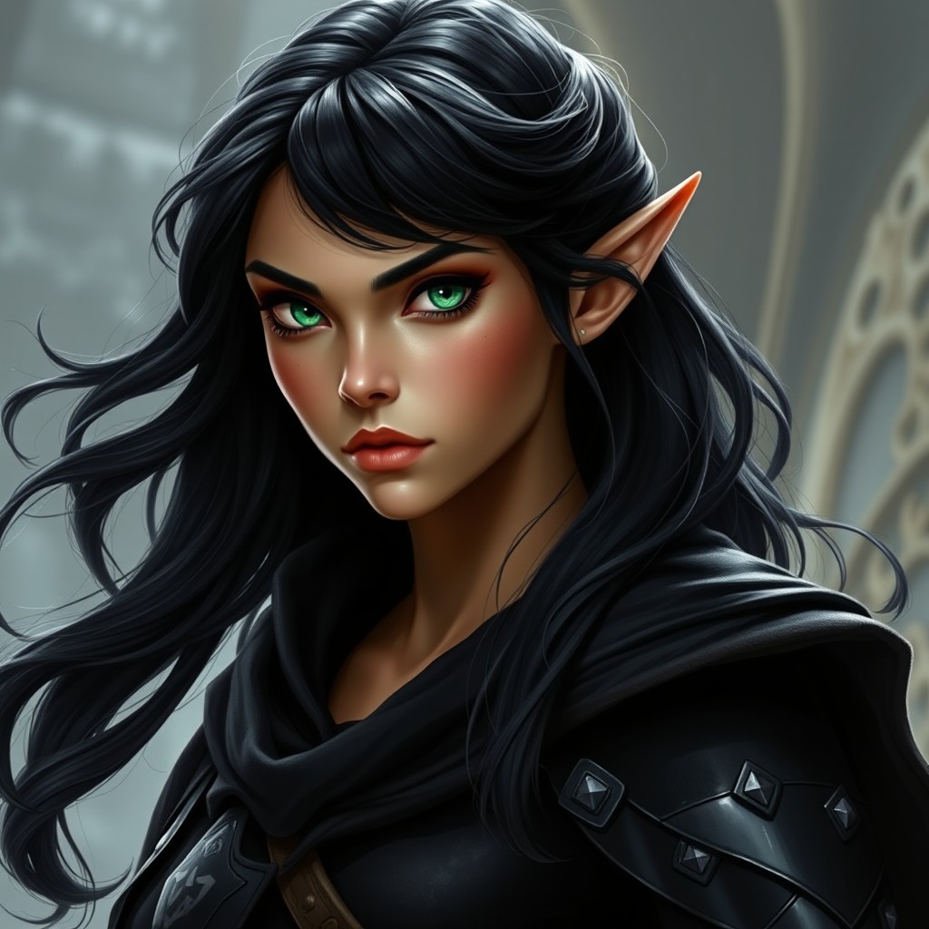 A super realistic female elf with medium golden tan skin, possessing a lean body and standing tall