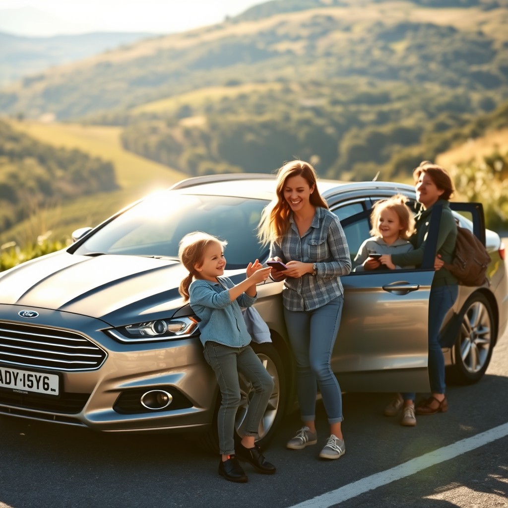 A heartwarming scene of a lovely family enjoying a break during their road trip, standing beside their Ford Mondeo parked on a scenic roadside
