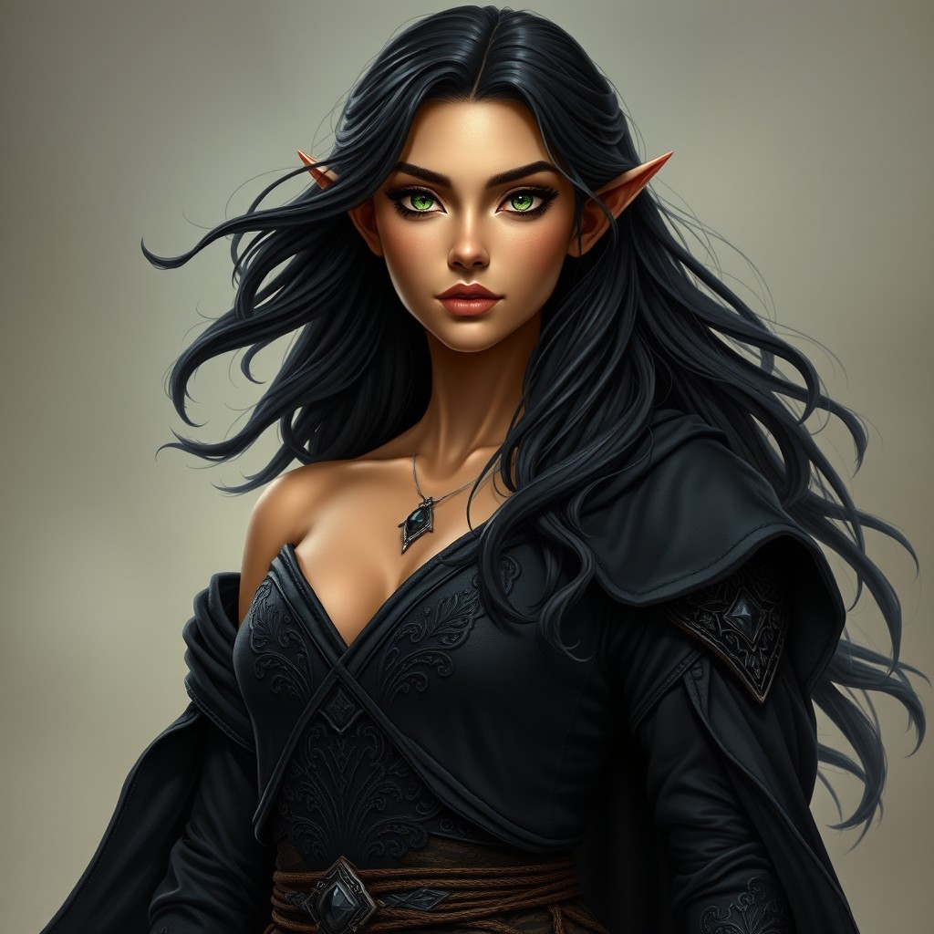 A super realistic female elf with a medium golden tan skin tone