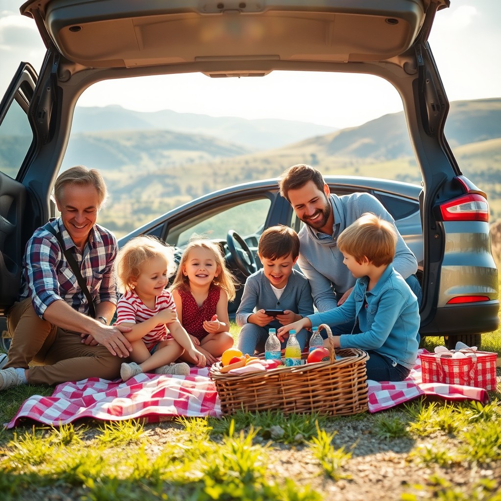 A delightful scene of a lovely family enjoying a break during their road trip, set 10-15 yards away from their Ford Mondeo