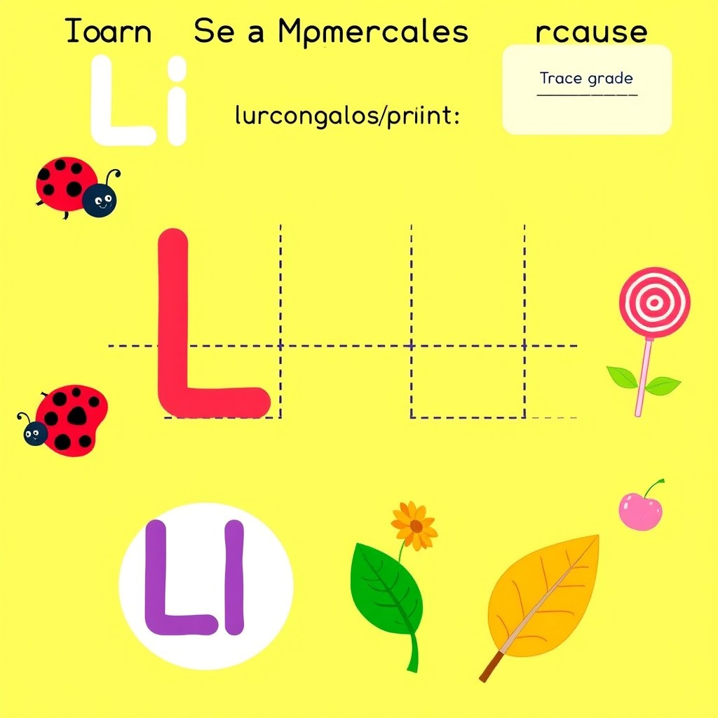 A colorful and animated illustration designed for second grade children showing the letter 'L' in both uppercase and lowercase print