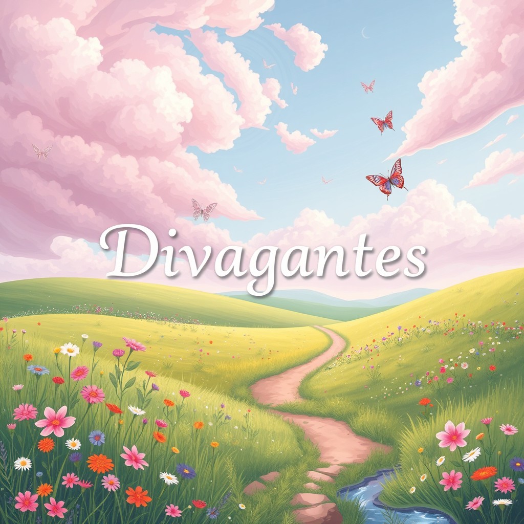 A visual representation of the word 'Divagantes', illustrated as a dreamy landscape with whimsical elements