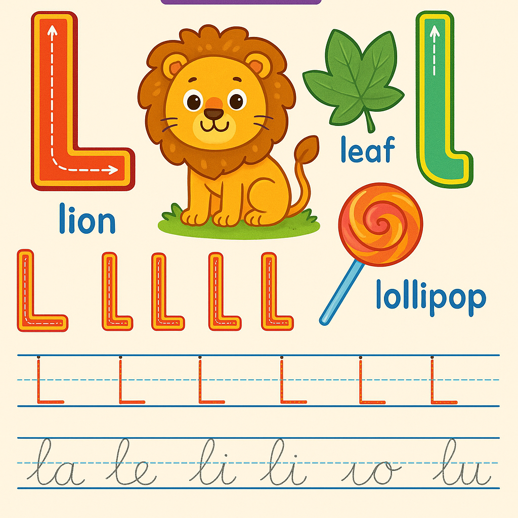 (Un ejemplo de lo que debe ser) .Elabora una grafía de la letra L en Imprenta, manuscrita, mayuscula, minuscula, es para niños de segundo año asique agregale como trazar la L siguiendo los puntitos. Que lleve objetos que empiecen con L, todo animado y colorido