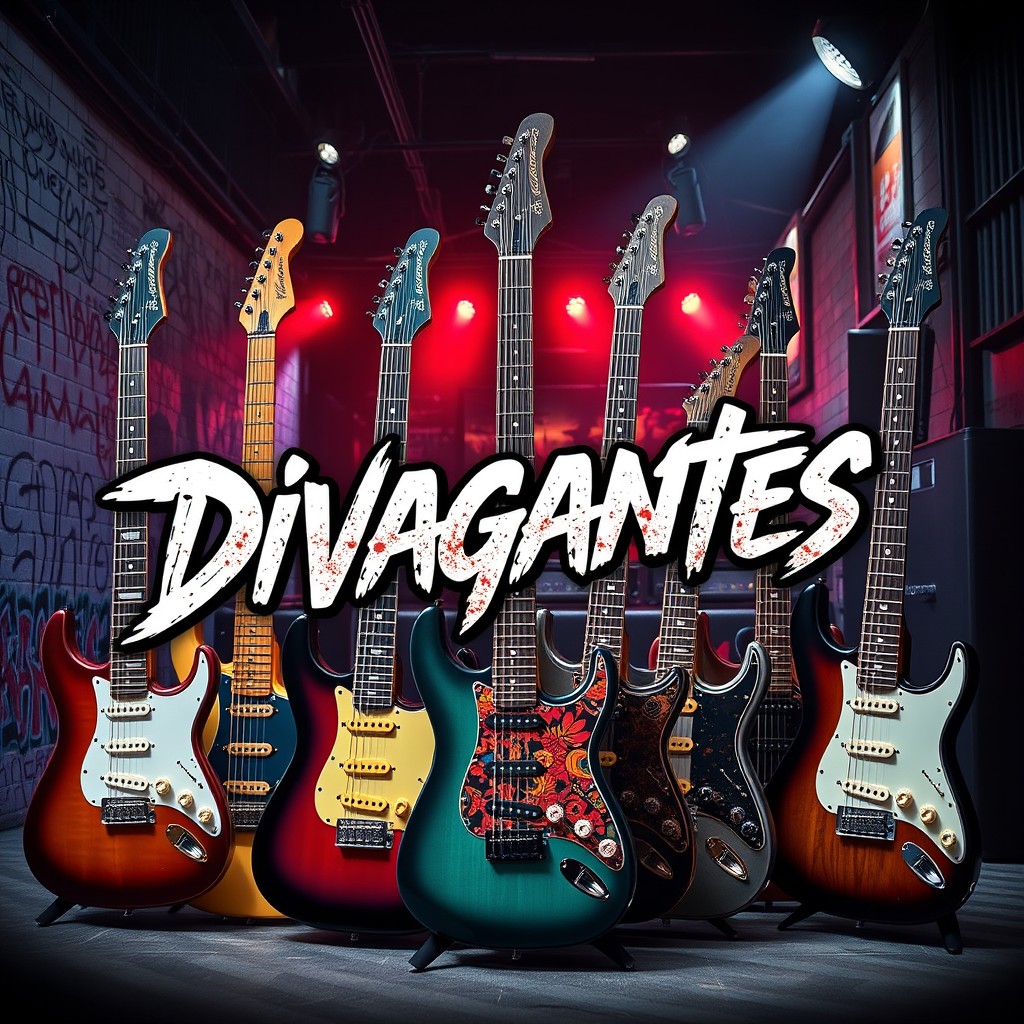 A striking image featuring electric guitars in an urban rock style, prominently displaying the word 'Divagantes' in a bold, dynamic font