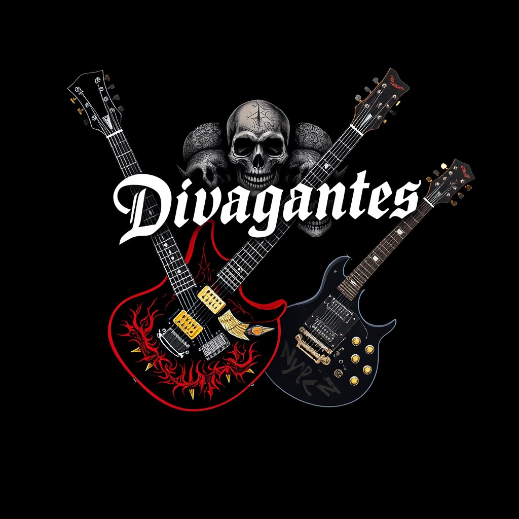 A bold and eye-catching image featuring electric guitars combined with skulls, all set against a deep black background