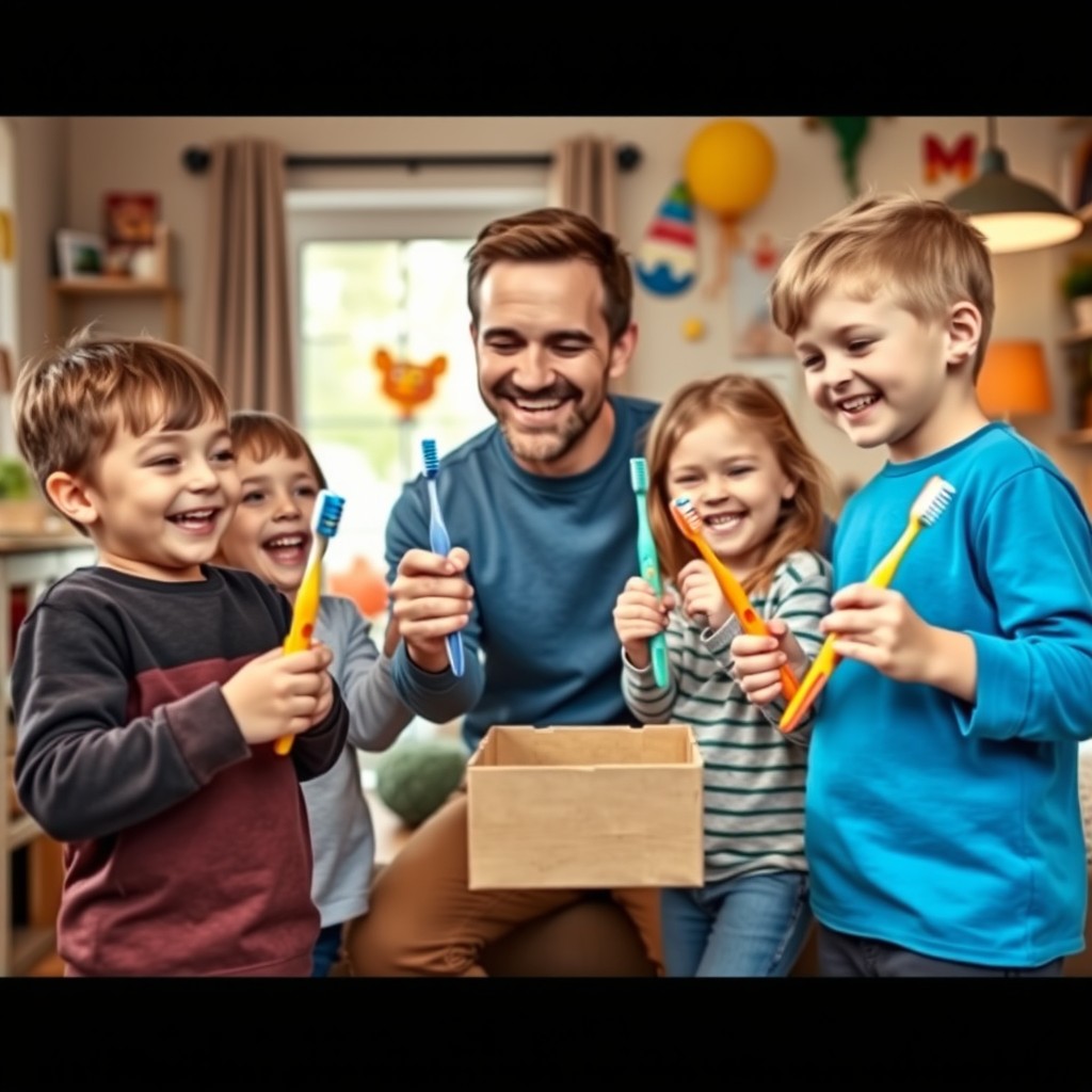 A joyful scene in a cozy family home where a father is presenting colorful toothbrushes to his three delighted children