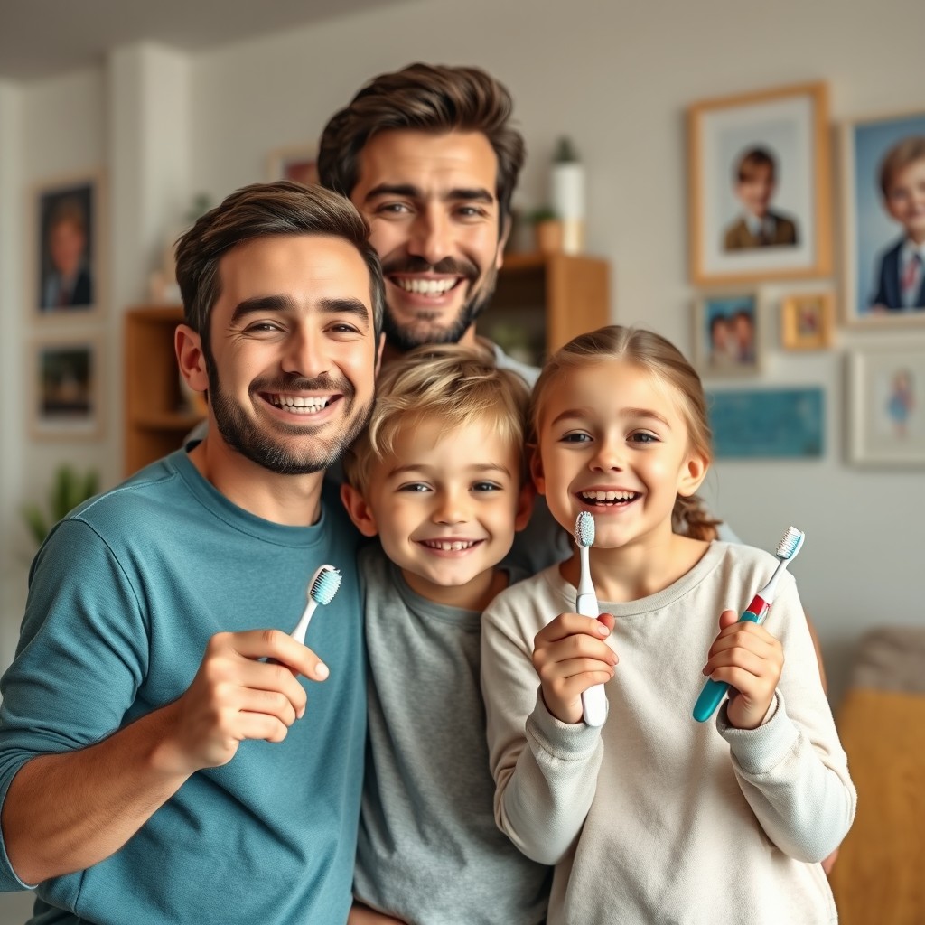 A cheerful scene depicting a happy father with his two young sons and daughter at home, all smiling brightly as they hold their new toothbrushes