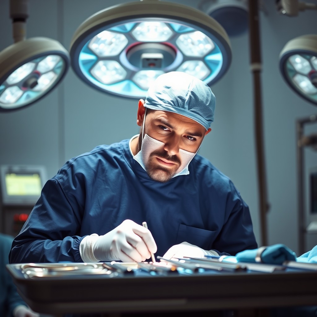 A surgical scene in an operating room, featuring a male surgeon dressed in scrubs and a surgical mask, performing an intricate surgery