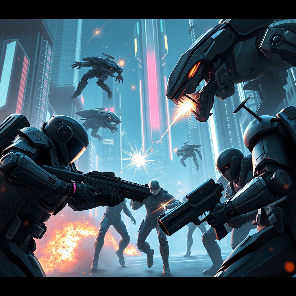 A highly detailed and immersive scene showcasing a futuristic elite combat game environment, featuring advanced technology and futuristic weapons