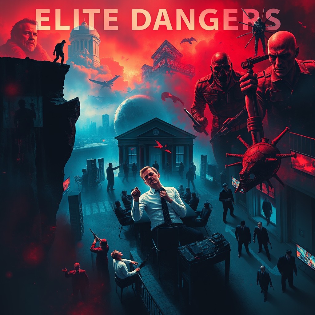 A surreal and engaging representation of elite dangers, showcasing various aspects of risk and adventure in a vibrant, dramatic style