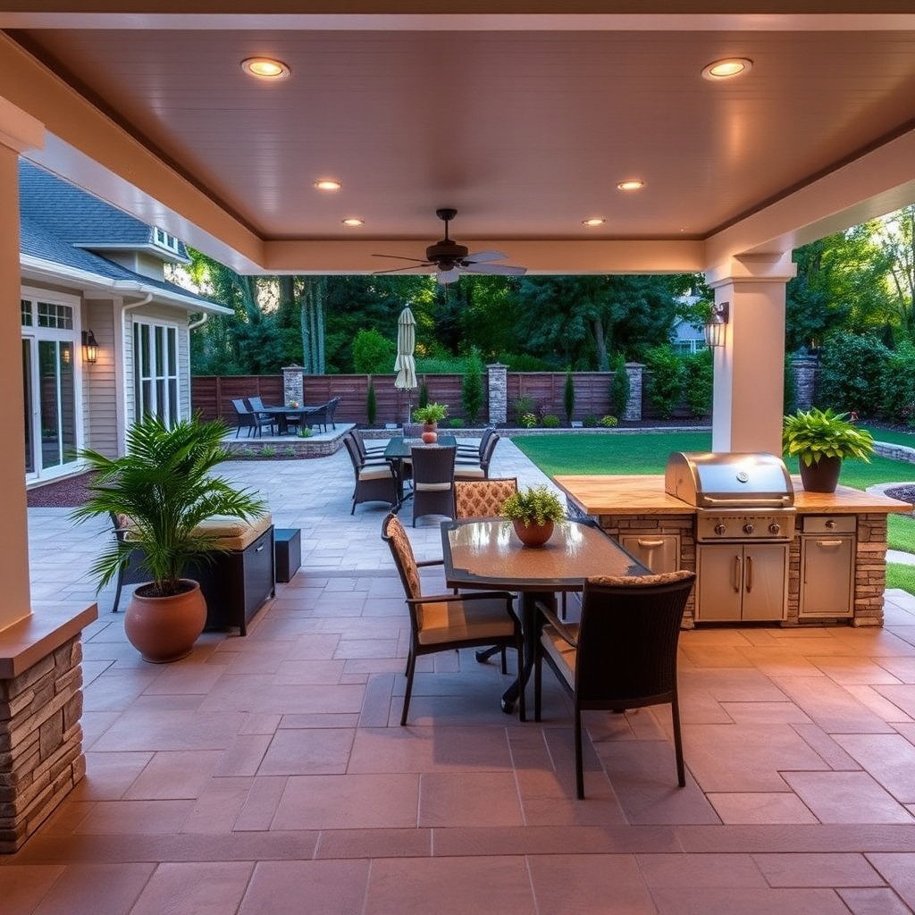 A beautifully designed outdoor patio with an extended area featuring a modern outdoor kitchen at the end