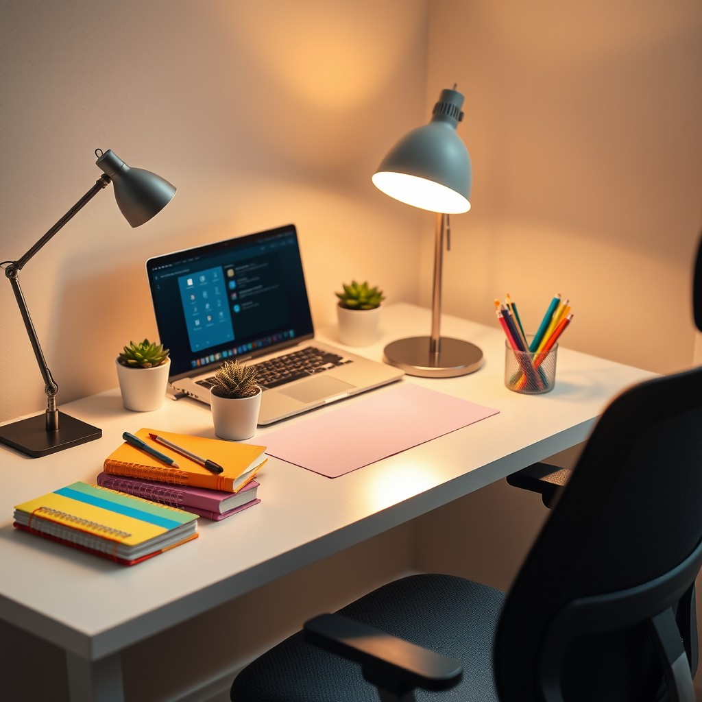 A beautifully organized desk setting, showcasing a clean, minimalistic workspace