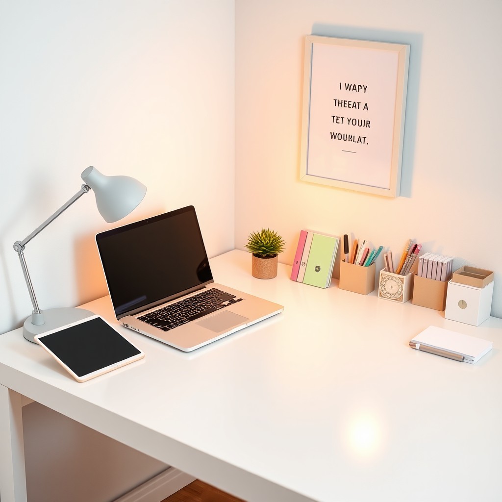 An aesthetically pleasing organized desk setup, featuring a sleek modern desk with white and wood elements