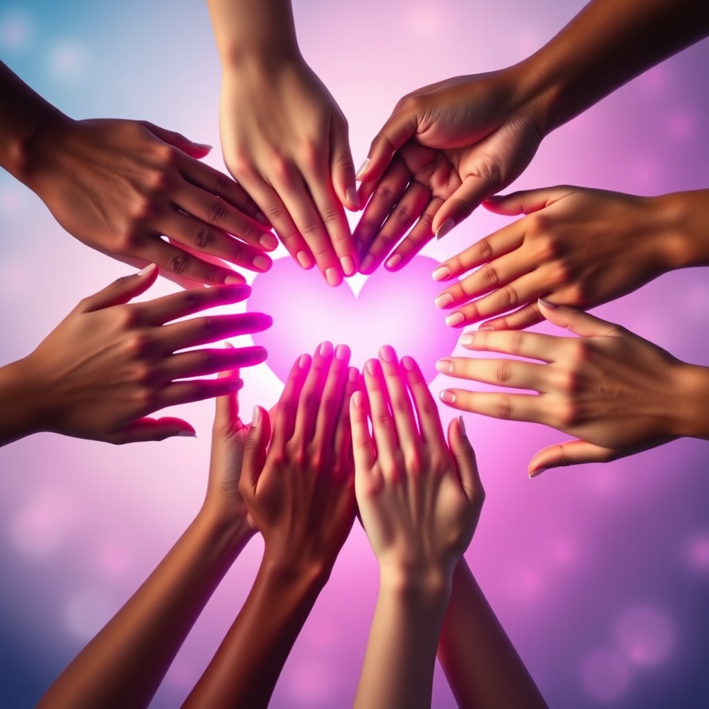 A captivating scene featuring a group of diverse hands coming together to form a heart shape