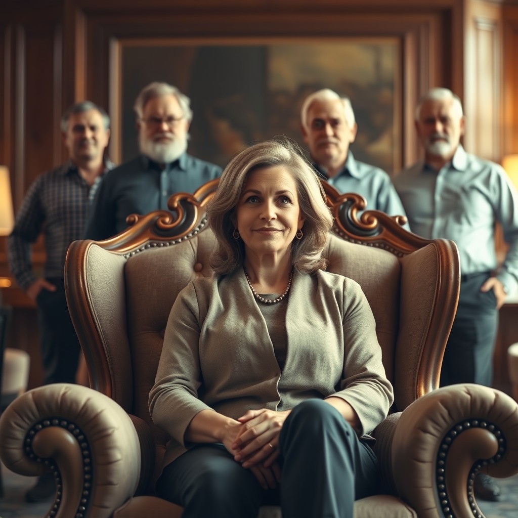 A scene featuring a confident, middle-aged woman sitting in a large, ornate chair, exuding a sense of power and presence