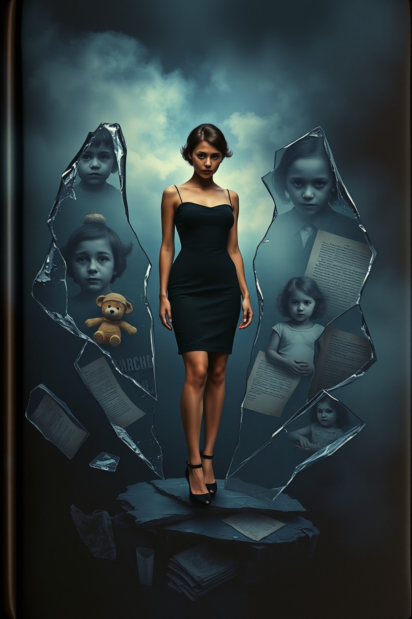 A book cover in the genre of magical realism featuring an adult woman standing on the boundary between dream and reality