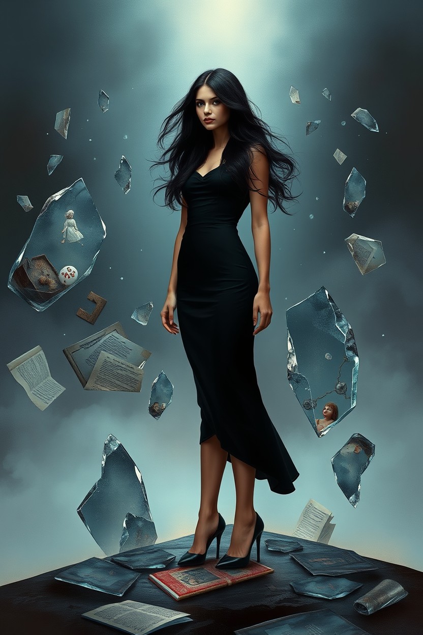 A book cover in the genre of magical realism featuring an adult woman standing on the boundary between dream and reality