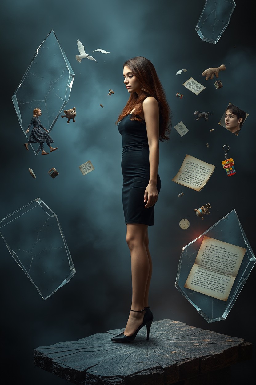 A book cover in the genre of magical realism featuring an adult woman standing on the boundary between dream and reality