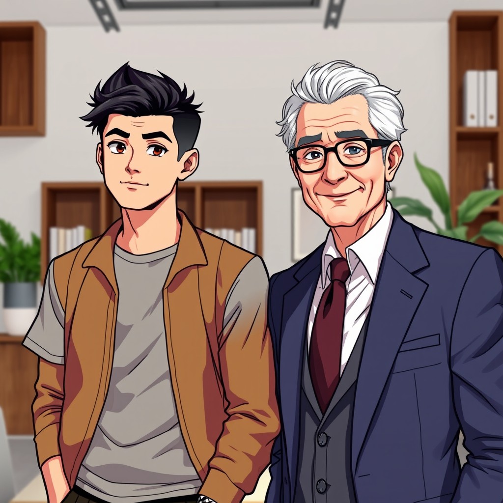 A striking portrait featuring two male figures standing side by side
