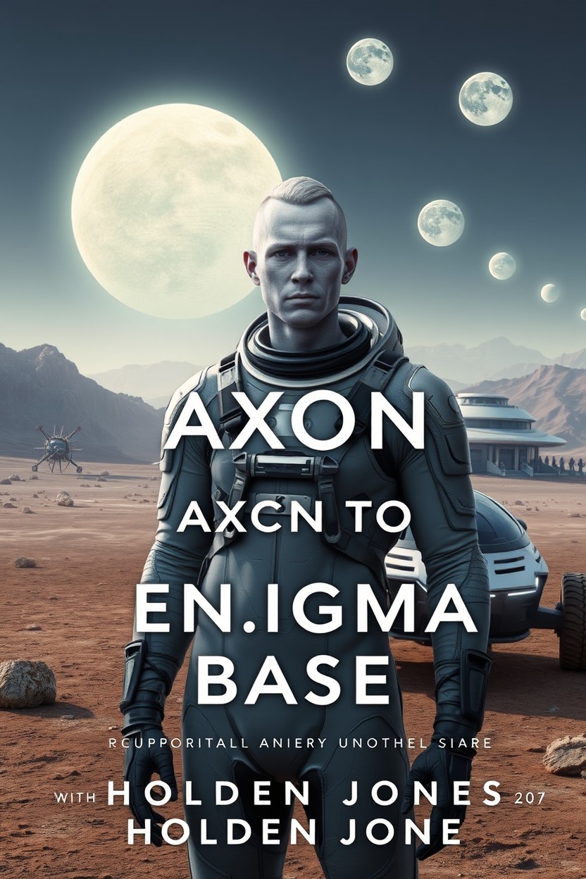 A human man with light gray skin tones, a mix of Caucasian and gray, stands in a surreal landscape on a planet with three suns and seven moons illuminating the sky