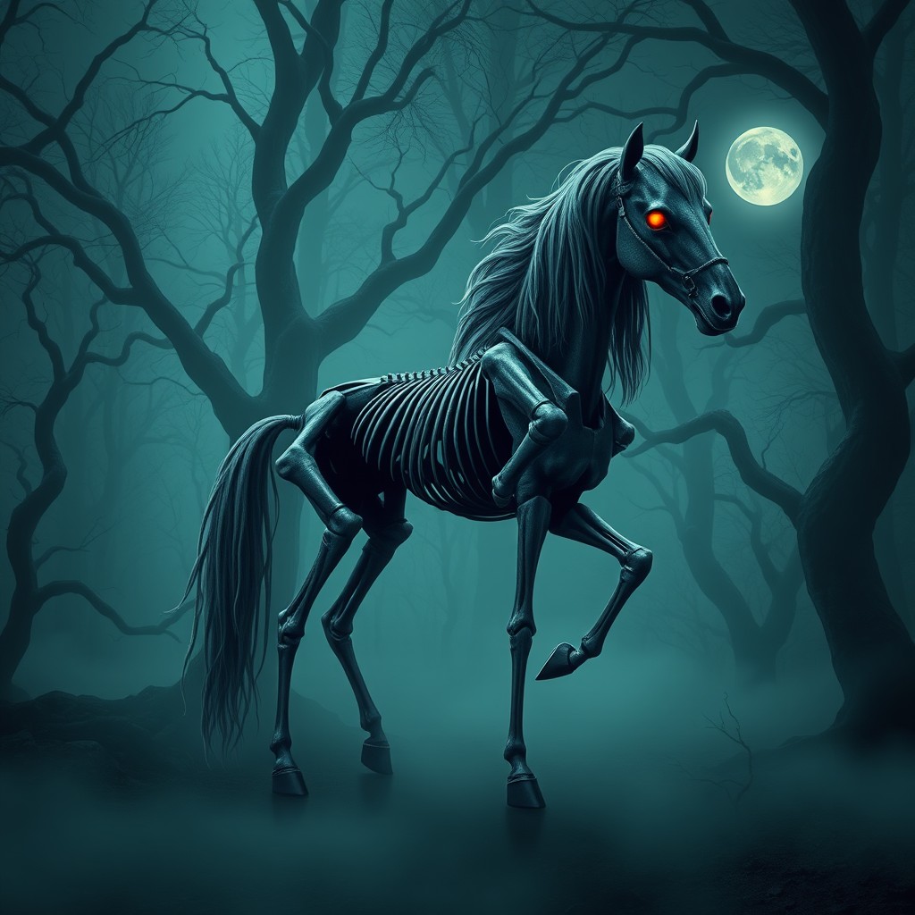 A macabre horse standing on two legs, its skeletal frame exaggerated and eerie, with glowing red eyes and a flowing mane that appears ghostly