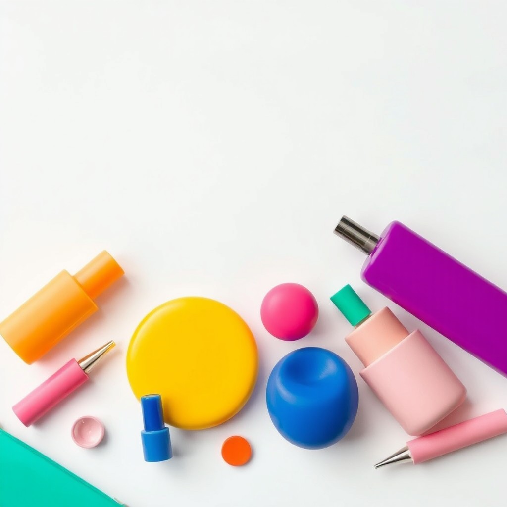 An image of various colorful and stylish products beautifully arranged on a white background, showcasing their shapes and textures without any text or words