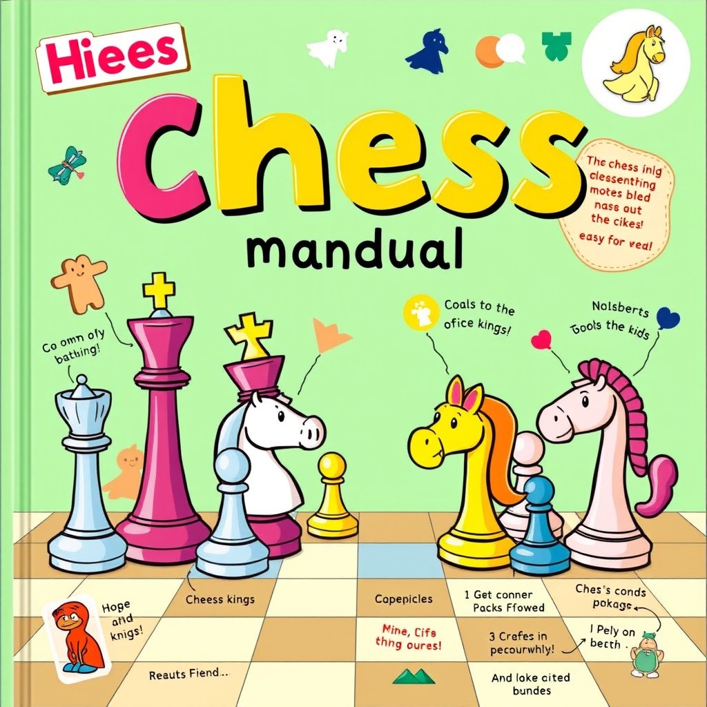 A colorful and engaging chess manual for children, featuring vibrant illustrations of chess pieces like kings, queens, bishops, knights, rooks, and pawns