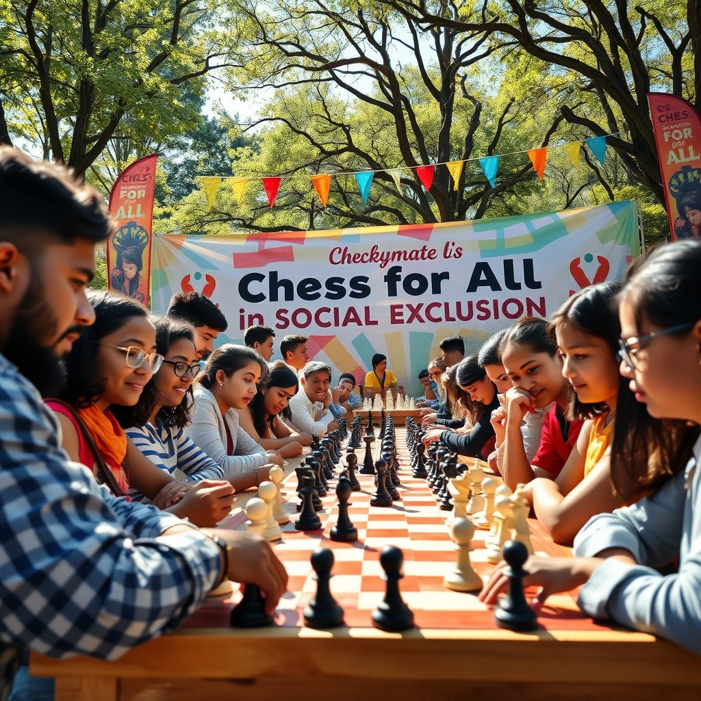 A vibrant and inspiring scene depicting a community chess event aimed at inclusivity, showcasing diverse individuals of all ages and backgrounds engaged in a chess tournament