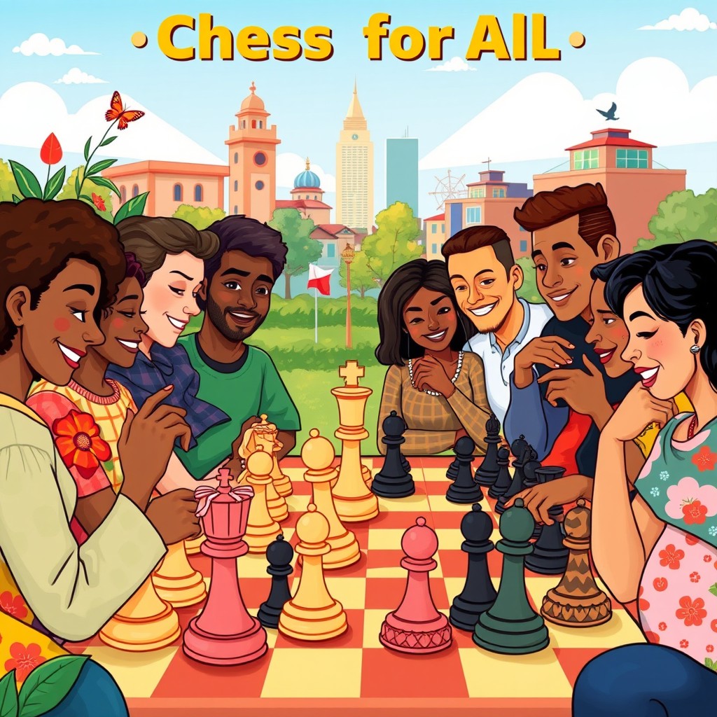 A vibrant illustration representing the theme of 'Chess for All' in a context of social inclusion, showcasing diverse individuals from various backgrounds engaged in a friendly chess game