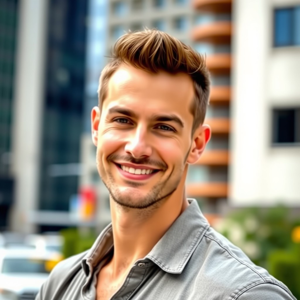 A handsome man with short, stylish hair and facial hair, wearing a casual shirt, standing confidently in front of an urban backdrop