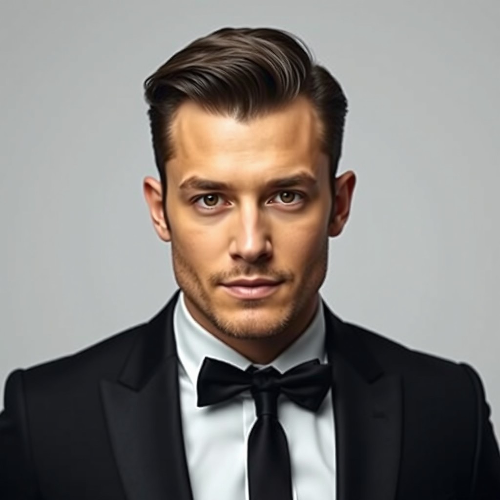 A stylish half-face portrait of a man in a sleek black suit and coordinating black tie, captured in a professional studio setting