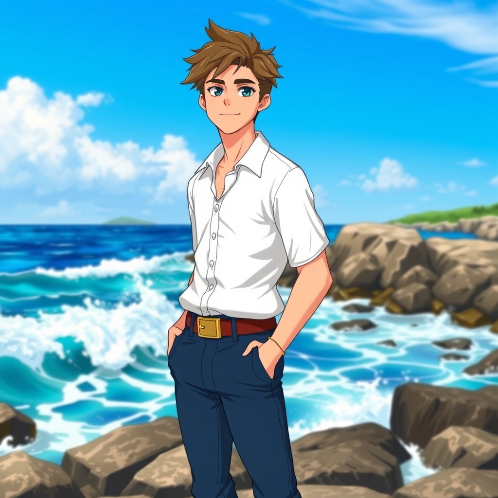 A handsome young man with wavy brown hair and a charming smile, wearing a classic white shirt and navy blue pants, stands confidently on a rocky shore with waves crashing around him