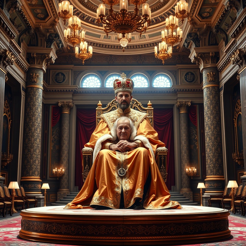 A grand room with high ceilings and elaborate decor, featuring a prominent platform at one end