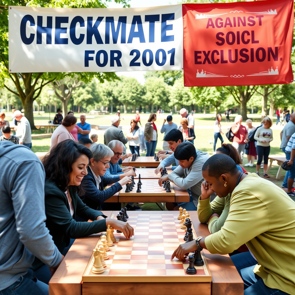 An engaging and vibrant community event promoting chess for everyone, highlighting diversity and inclusion in social contexts