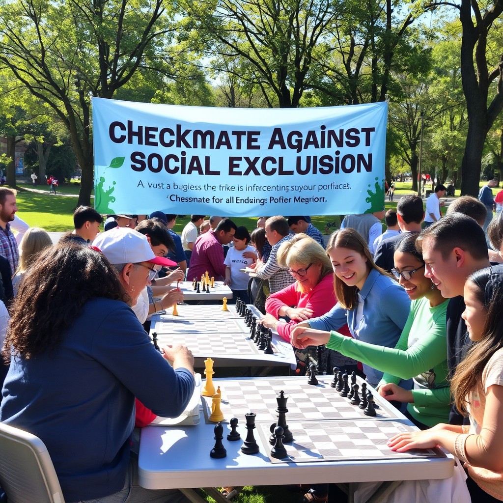 A dynamic and colorful community event focused on promoting chess for all, symbolizing a 'checkmate' against social exclusion