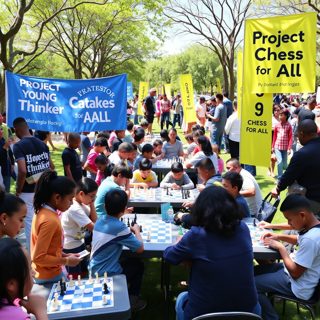 A vibrant and inclusive community chess event titled 'Project Young Thinker - Chess for All'