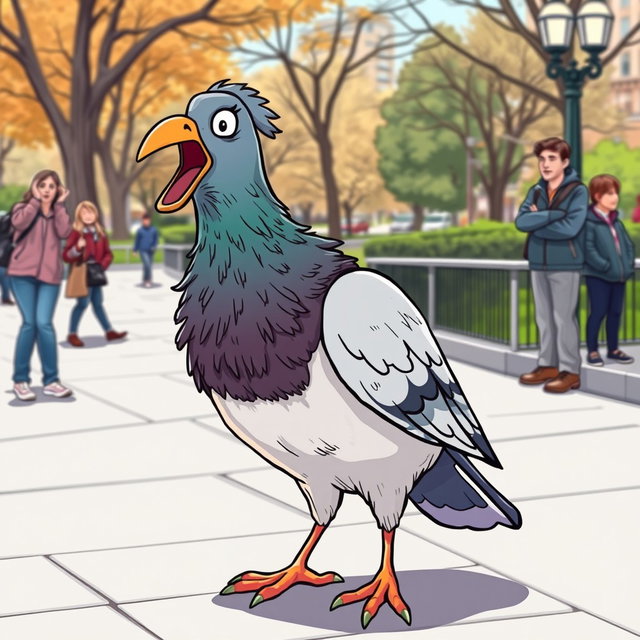 A humorous, exaggerated illustration of a yelling pigeon, with its beak wide open as it squawks loudly