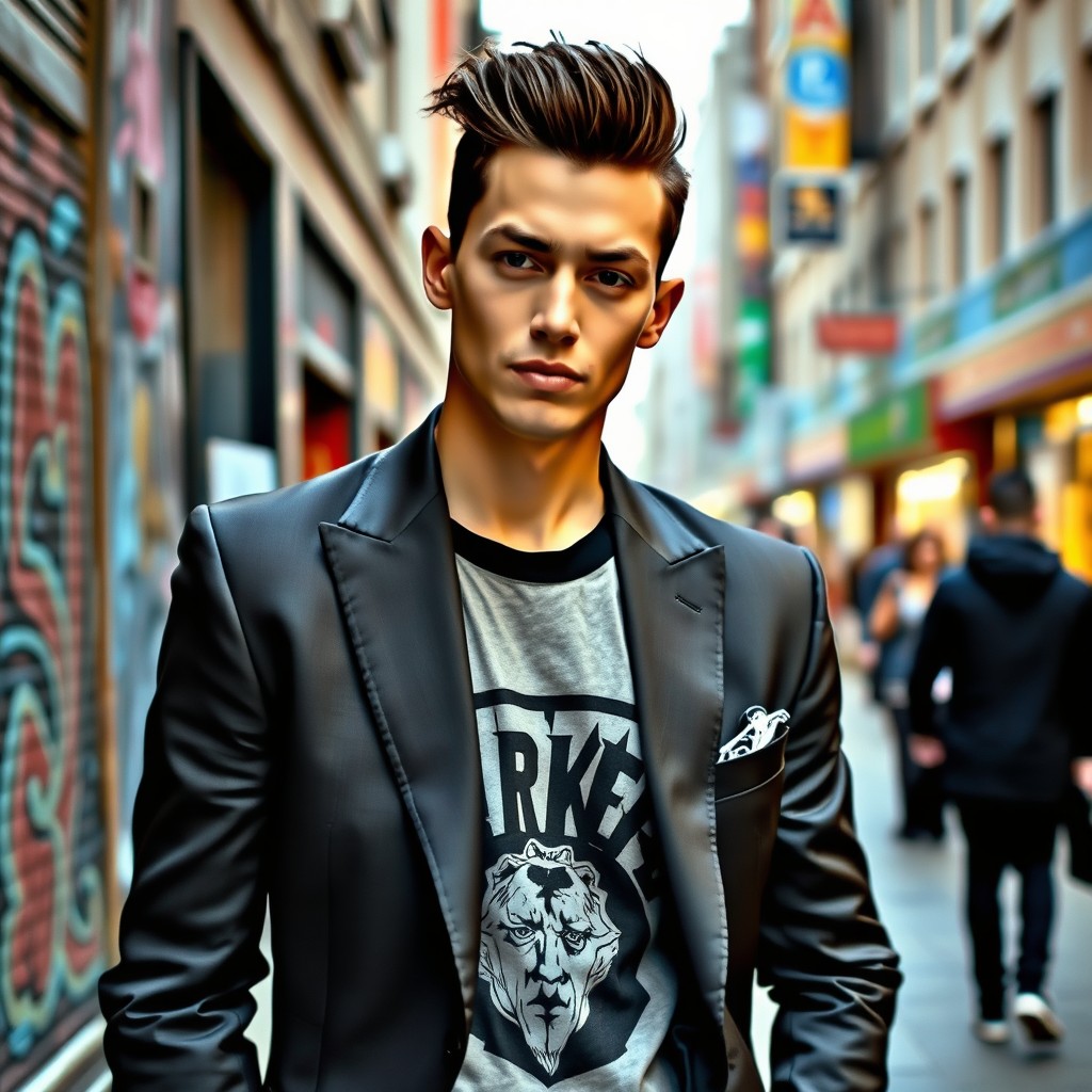 A stylish young man embodying a 'rude boy' fashion aesthetic, showcasing a bold attitude