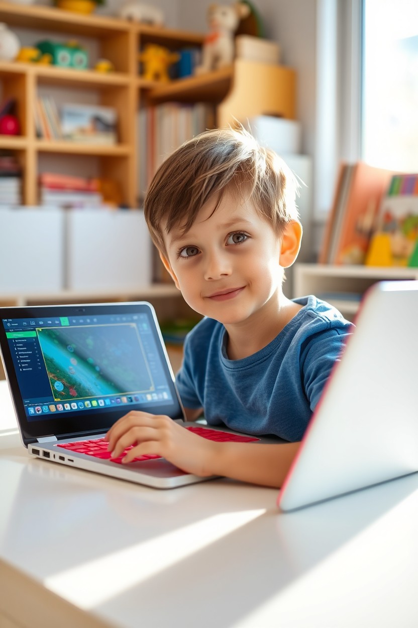 A young boy sitting at a modern desk, engrossed in using a colorful laptop