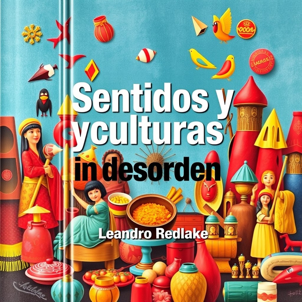 A vibrant and engaging book cover design titled "Sentidos y culturas en desorden" by Leandro Redlake