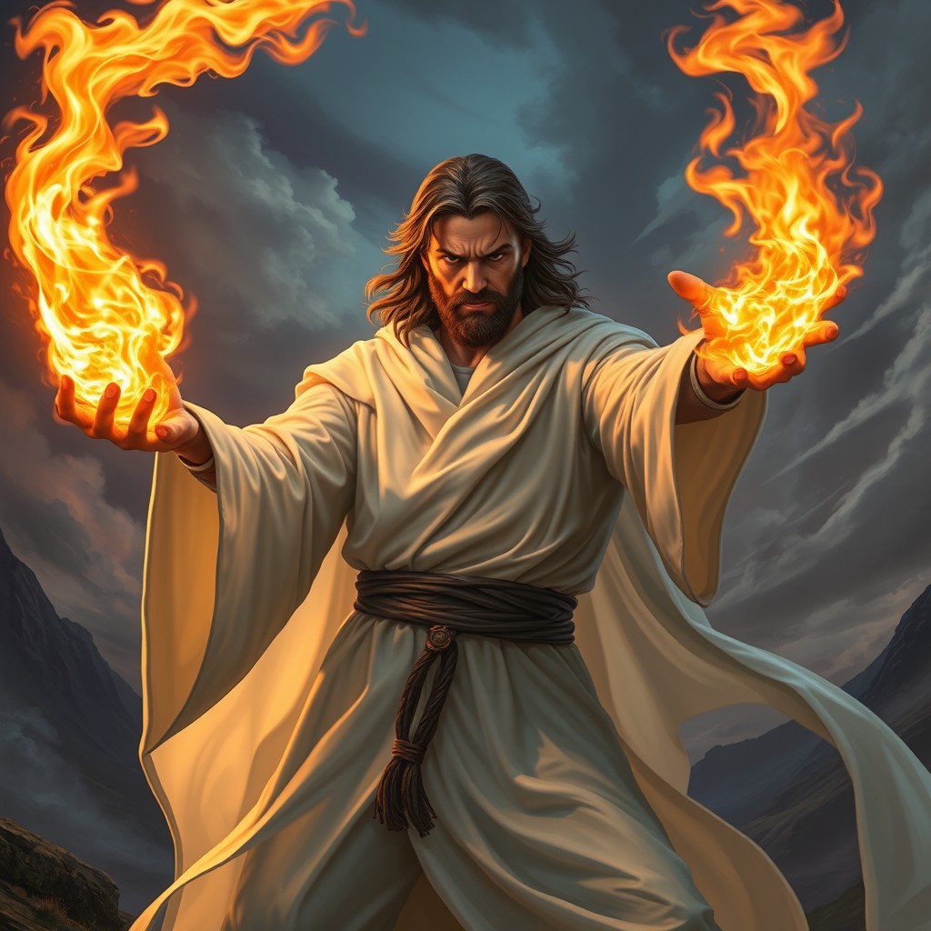 A dynamic scene featuring a zealot dressed in flowing white robes, casting a powerful fireball from his hands