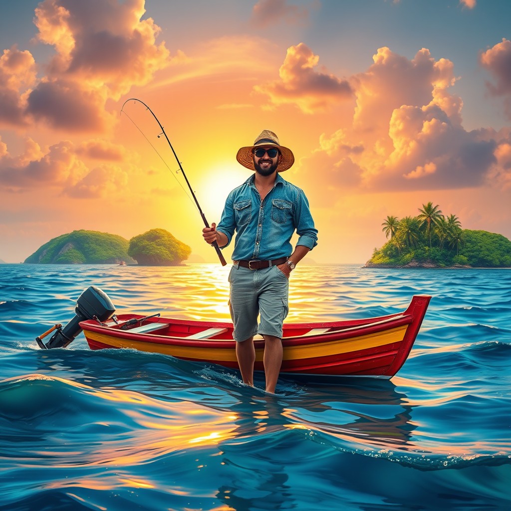 A detailed scene featuring a man standing confidently in the center of a vibrant ocean landscape, holding a fishing rod