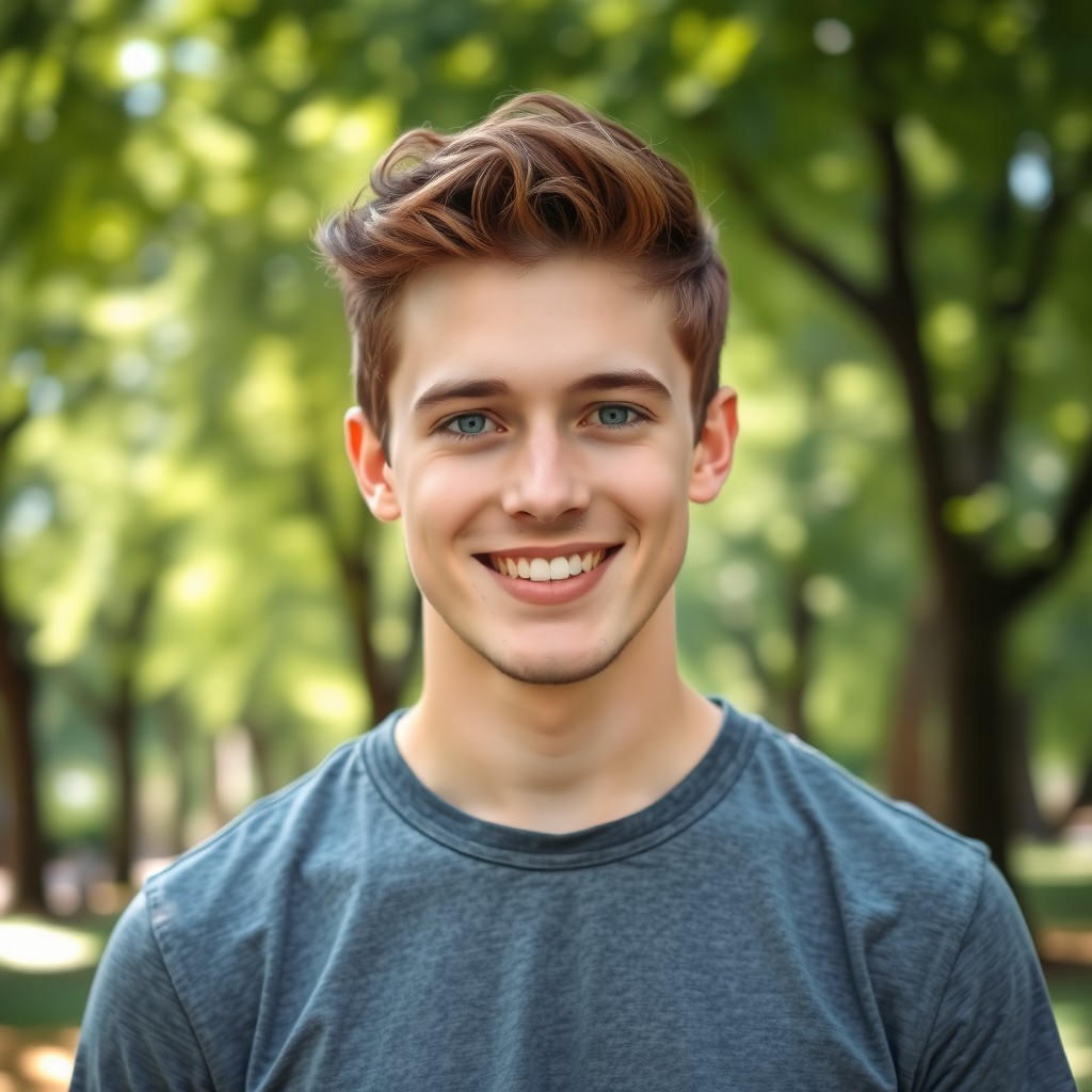 A portrait of a tall, attractive young man with short, wavy brown hair, sharp jawline, and bright blue eyes